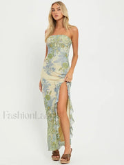 Mesh Strapless Split Maxi Dress