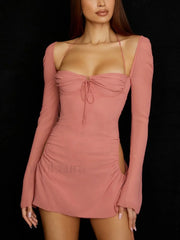 Mesh Tie Strap Halter Long Sleeve Mini Dress Mini Dresses