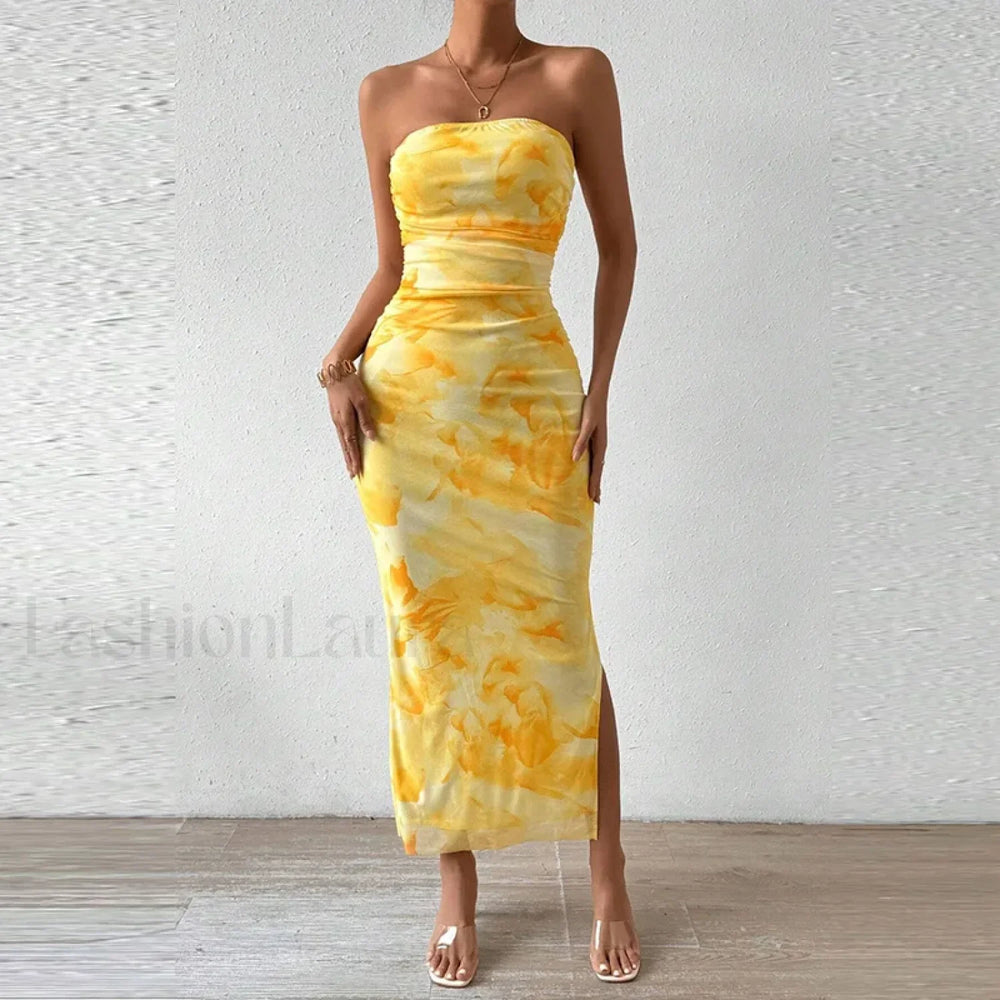 Mesh Wrap Split Floral Dress 01 Yellow / S