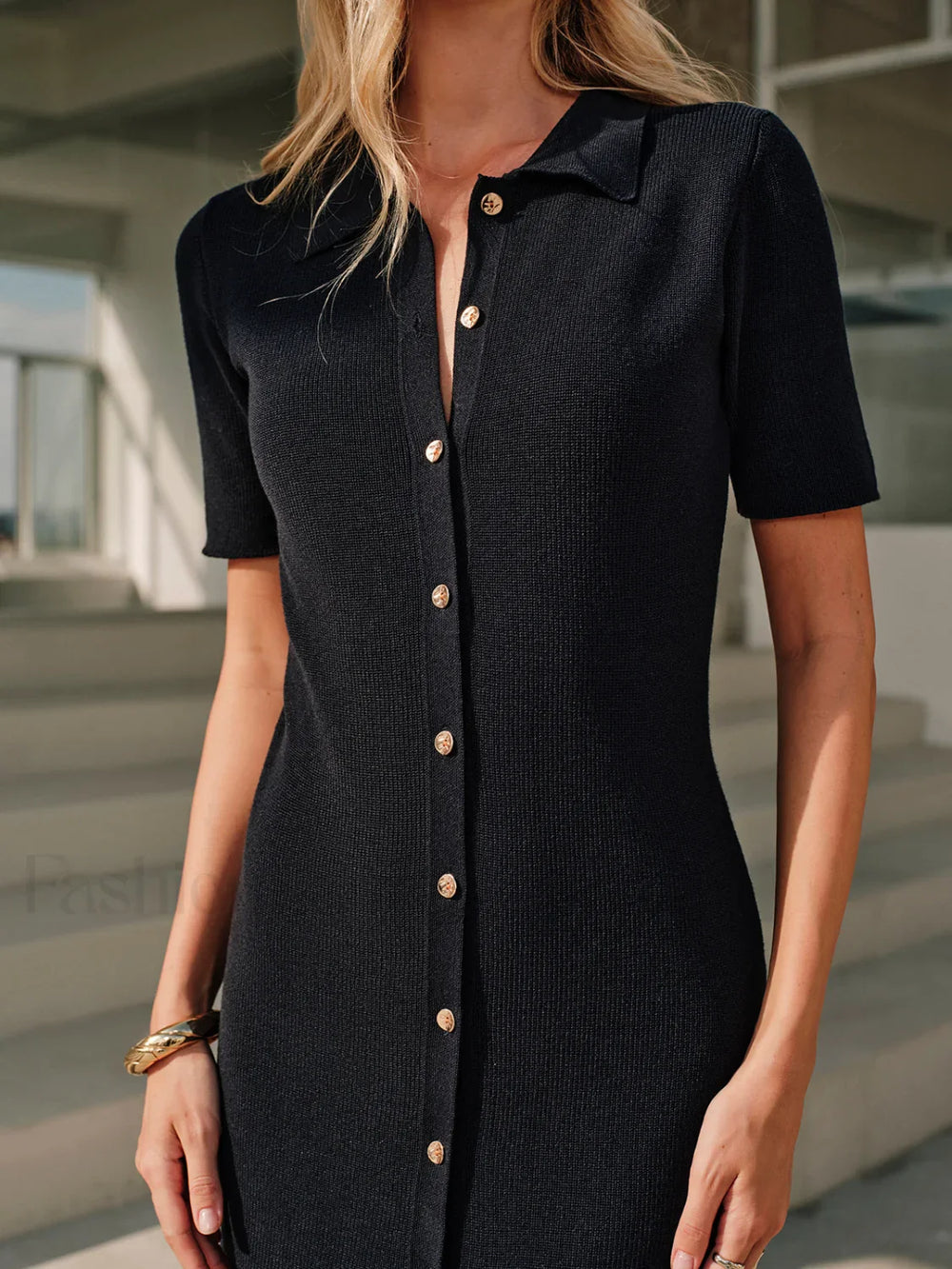 Metal Button Collar Midi Dress Knit Dresses