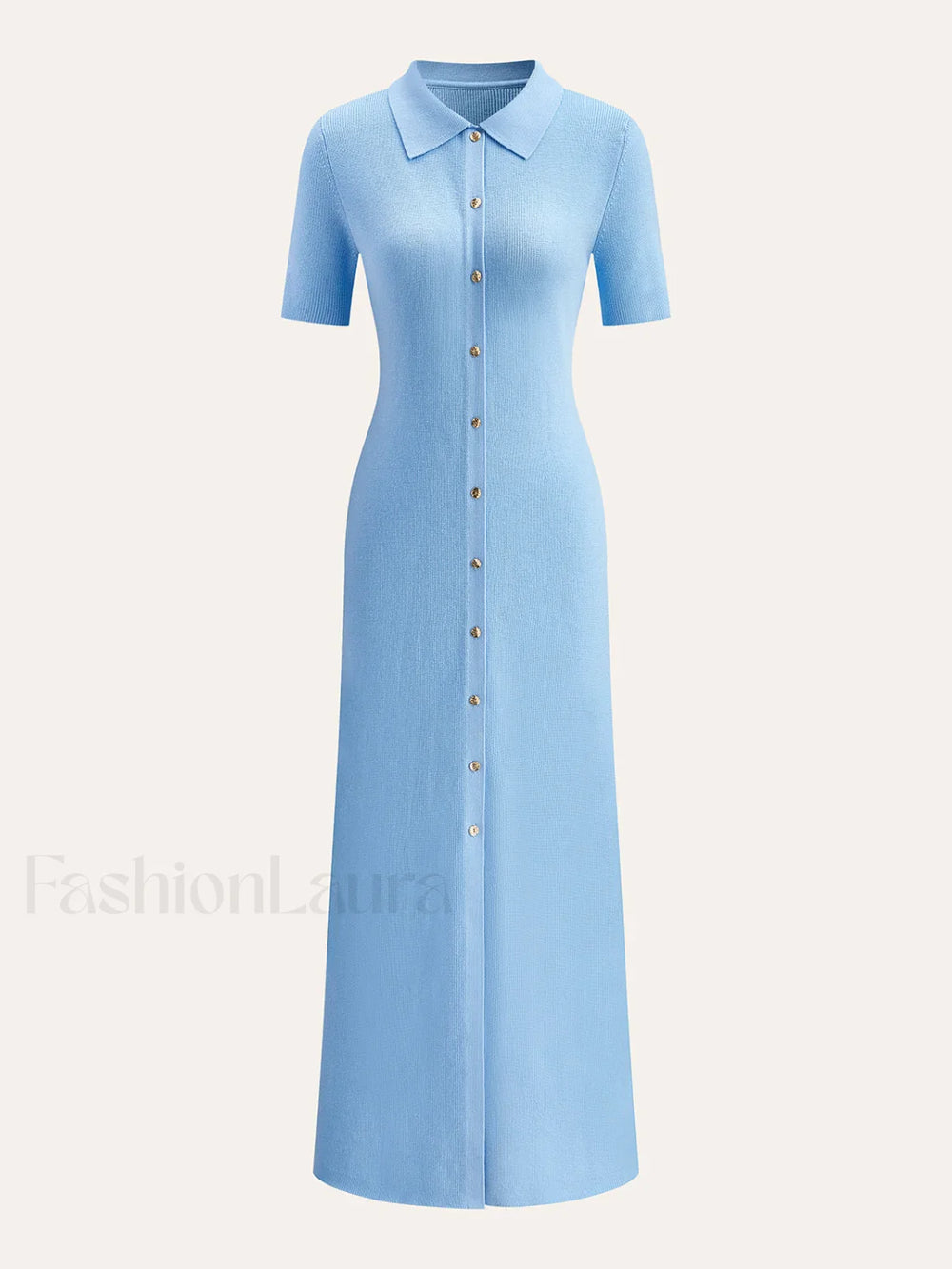 Metal Button Collar Midi Dress LightBlue / XS Knit Dresses