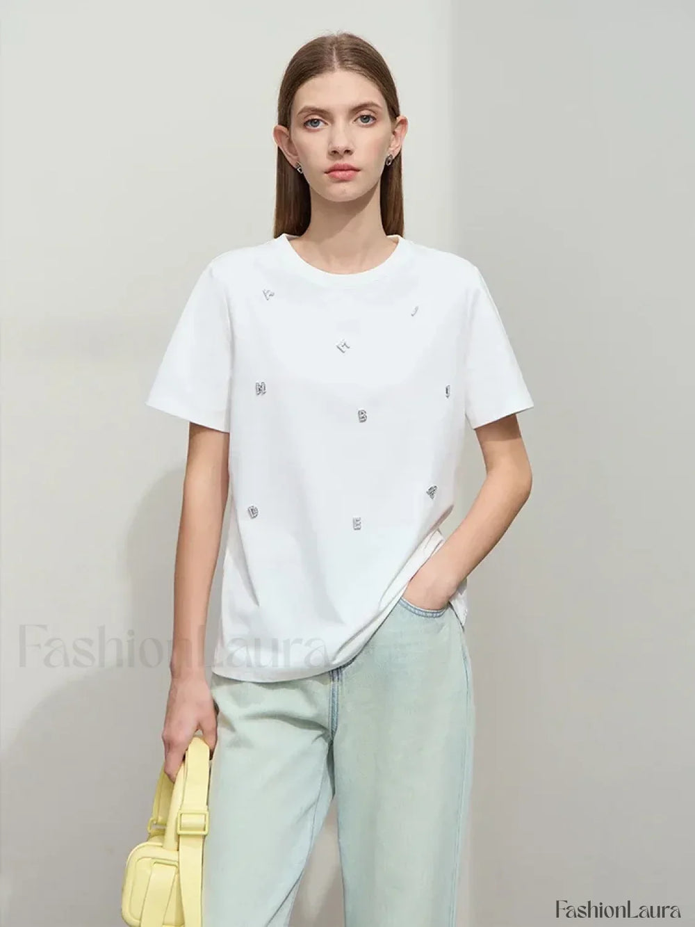 Metal Letter Print Cotton T Shirt