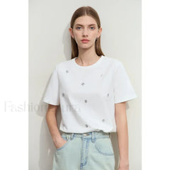 Metal Letter Print Cotton T Shirt Beige / S