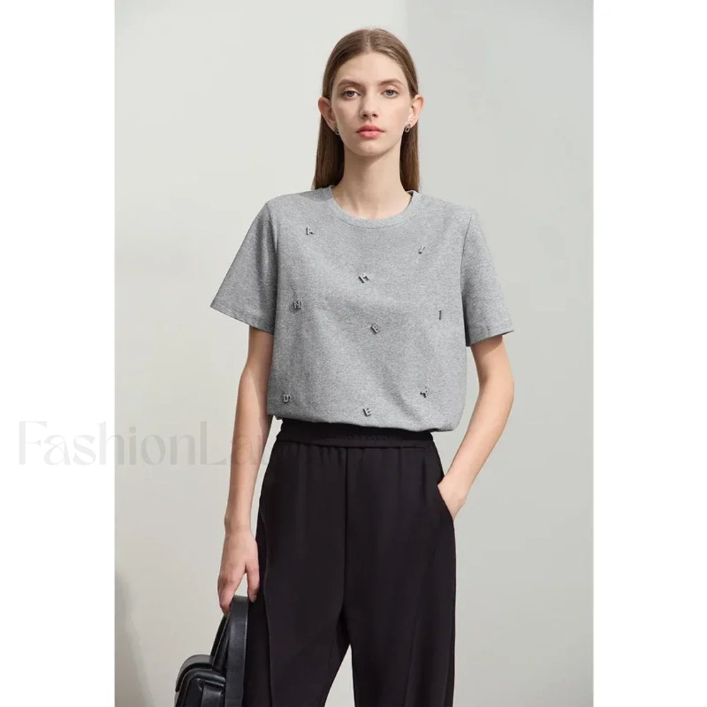 Metal Letter Print Cotton T Shirt Grey / S