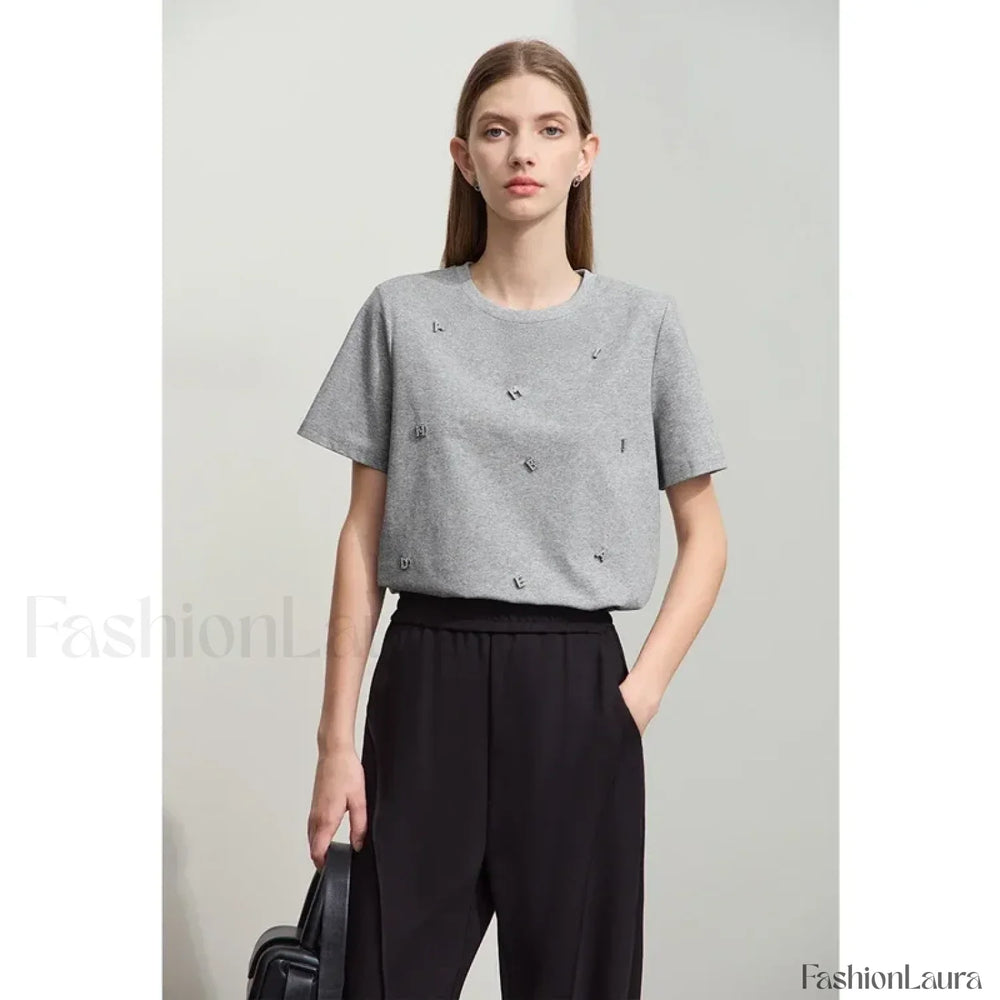 Metal Letter Print Cotton T Shirt Grey / S