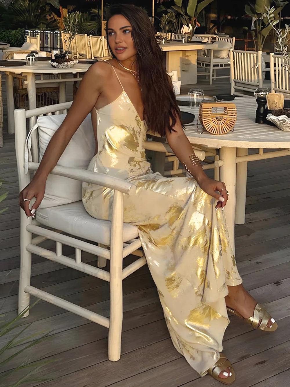 Metallic Print V Neck Backless Slip Long Dress Gold / XS Dresses
