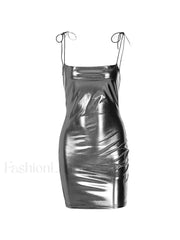 Metallic Pu Leather Slip Mini Dress Mini Dresses