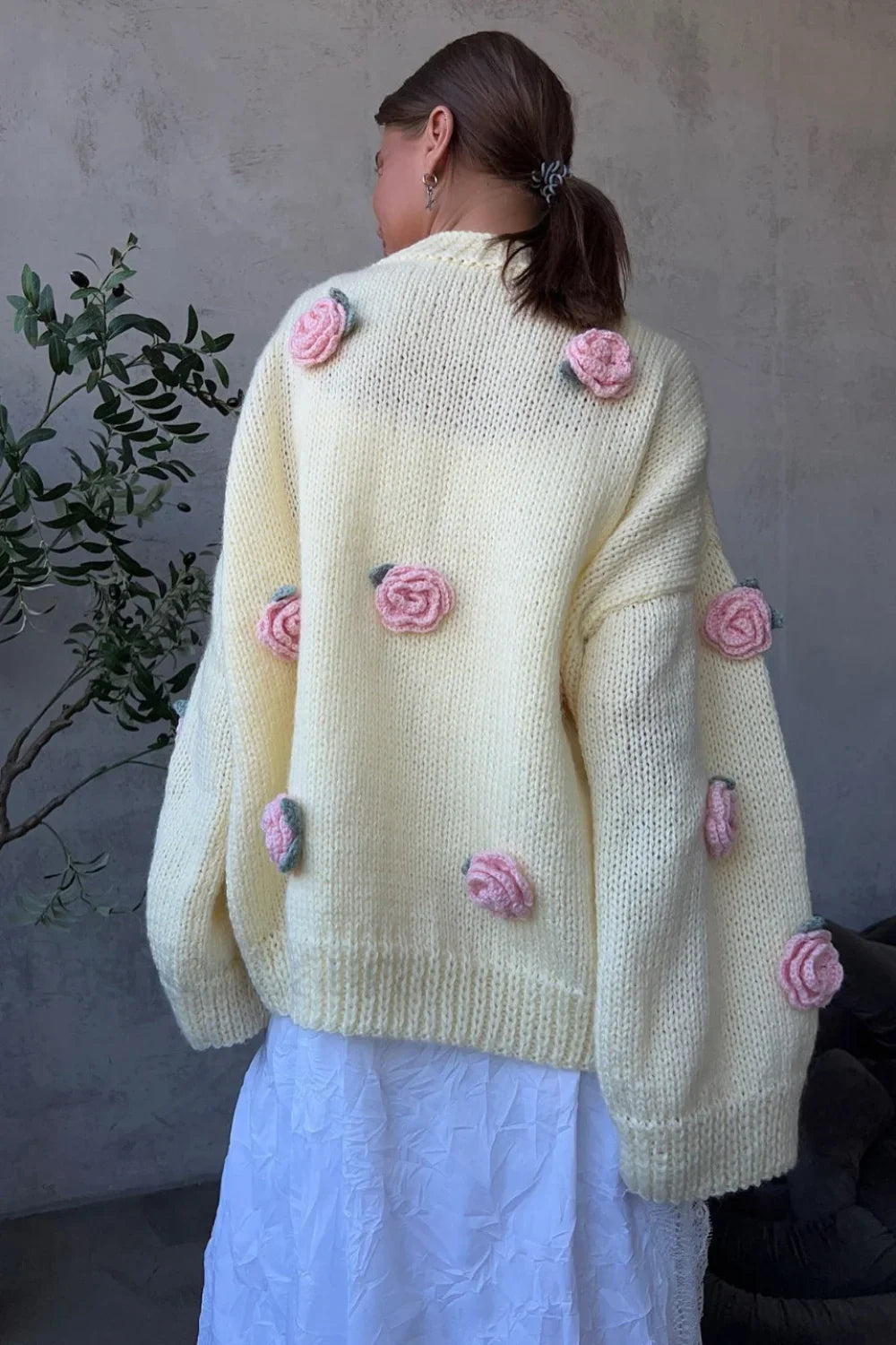 Minimalist 3D Floral Knit Sweater