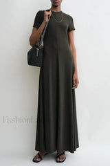 Minimalist A Line Round Neck Short Sleeve Work Dress 胡椒色 / XS