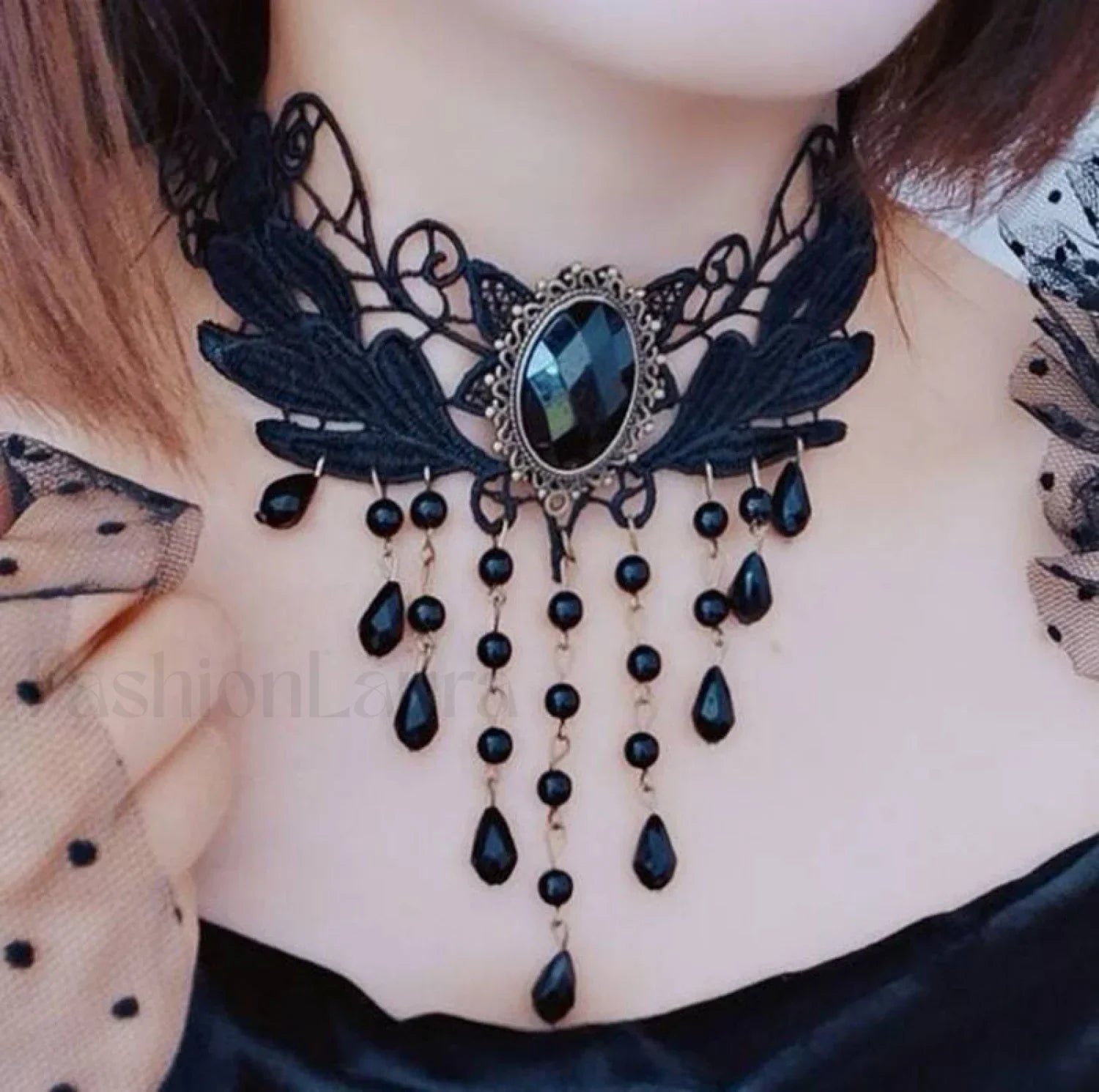 Minimalist Black Gothic Lace Choker Necklace BLACK