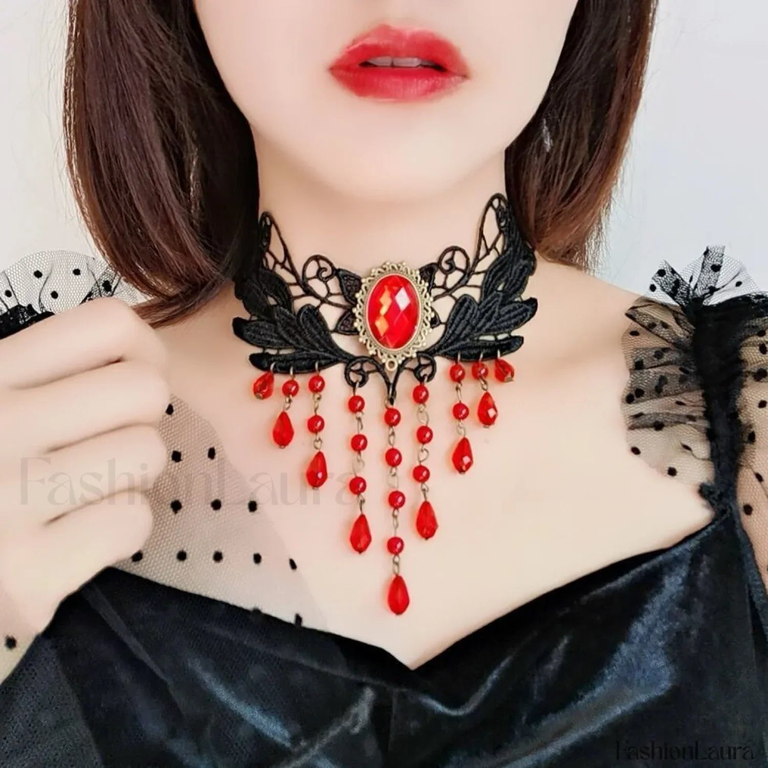 Minimalist Black Gothic Lace Choker Necklace RED