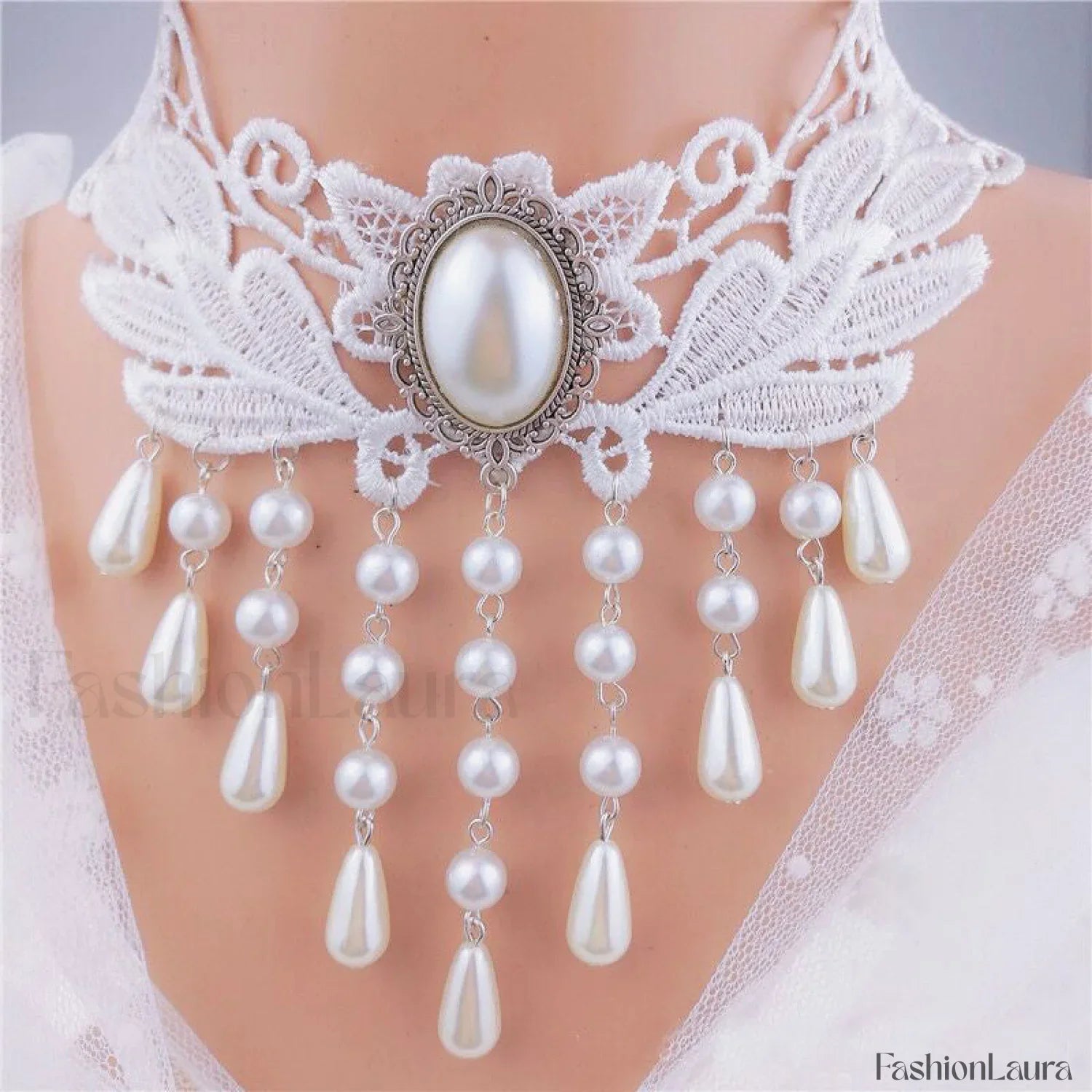 Minimalist Black Gothic Lace Choker Necklace WHITE