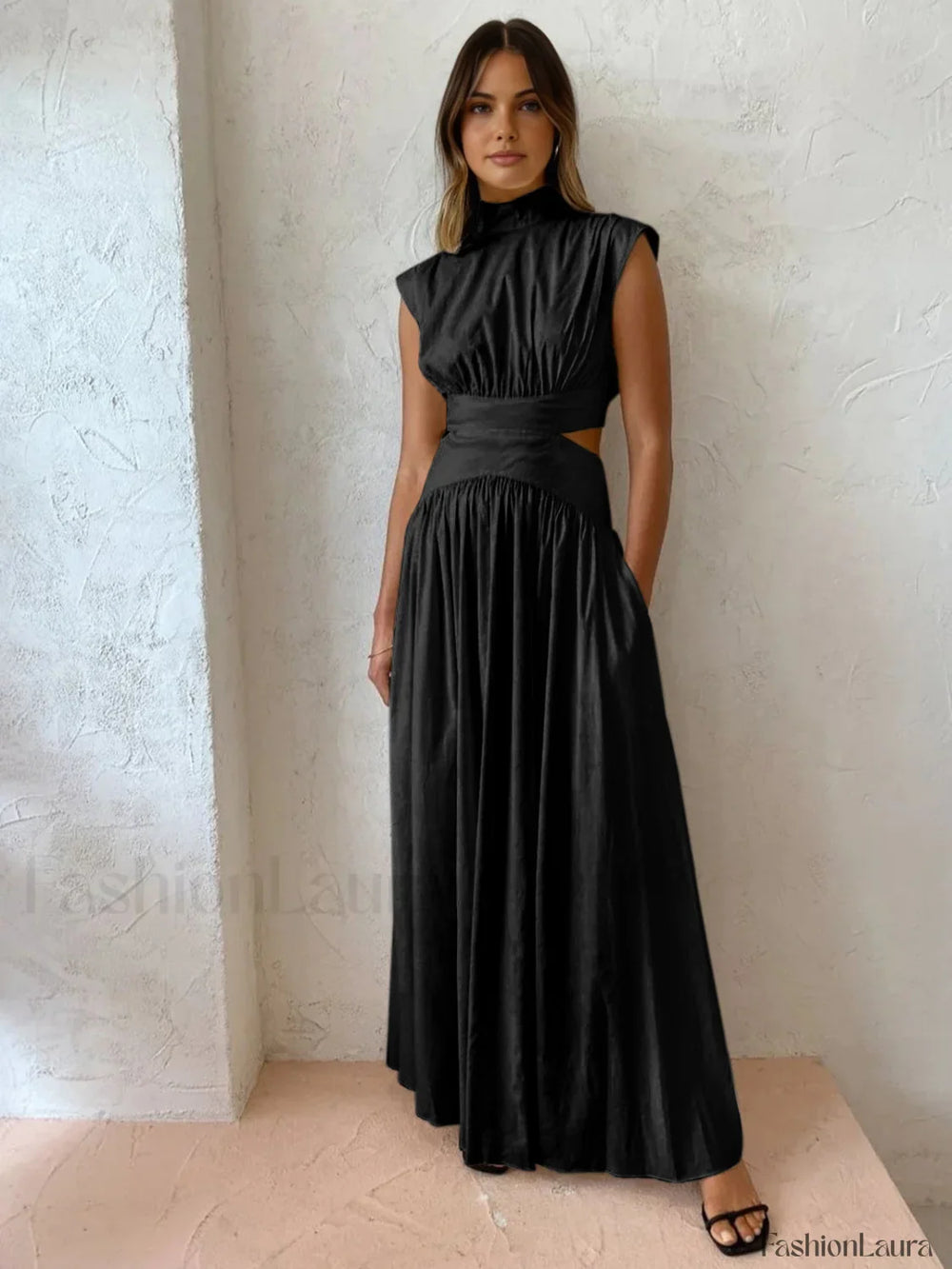 Mock Neck Cut Out Long Dress Black / XS Dresses