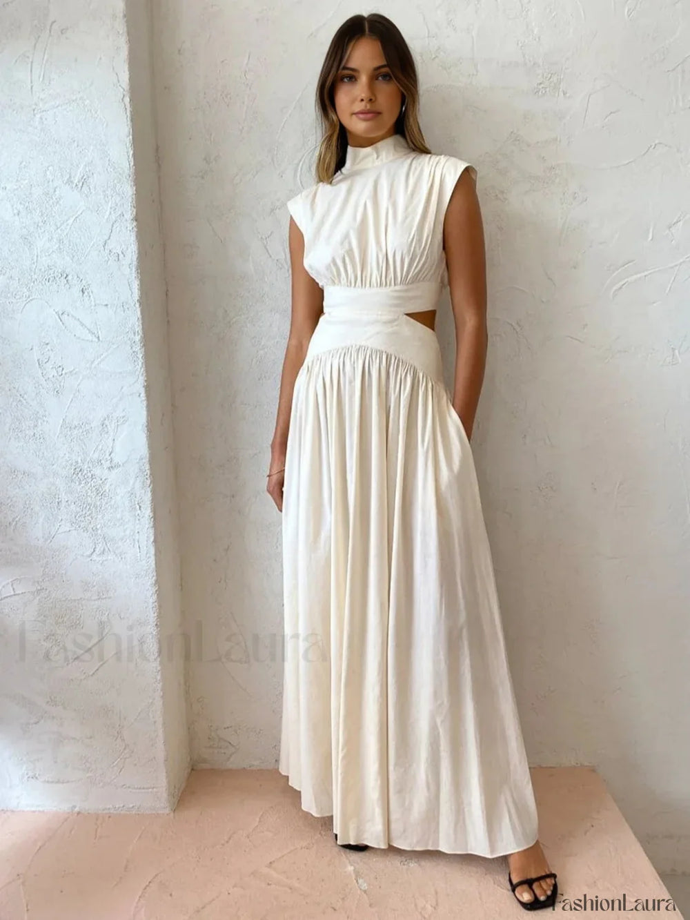 Mock Neck Cut Out Long Dress White / XS Dresses