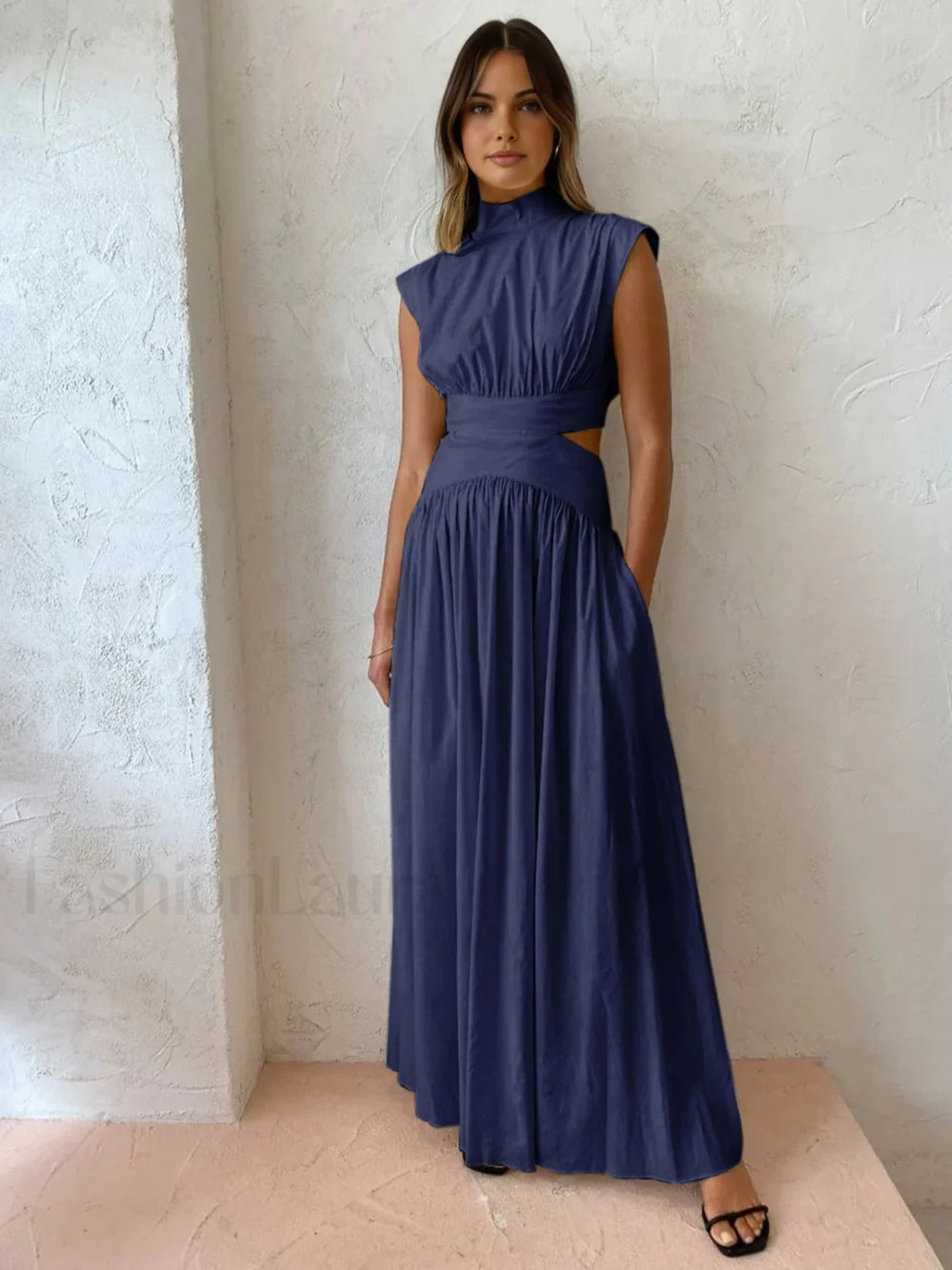 Mock Neck Cut Trendy Out Long Dress Navy / XS Dresses