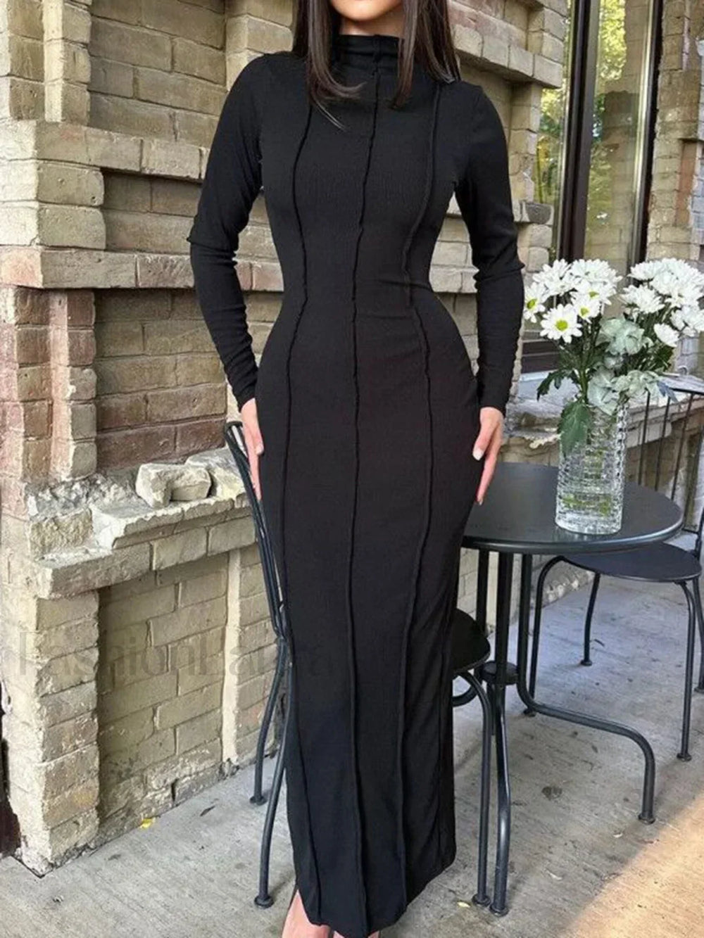 Mock Neck Piping Trendy Split Maxi Dress Black / S Dresses