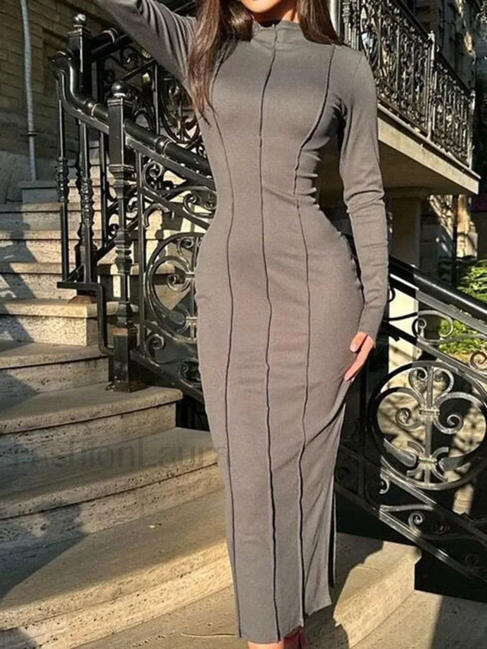 Mock Neck Piping Trendy Split Maxi Dress Dresses