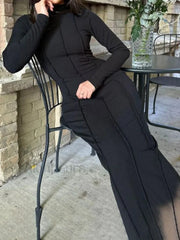 Mock Neck Piping Trendy Split Maxi Dress Dresses