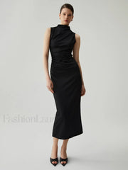 Mock Neck Sleeveless Trendy Split Ruched Long Dress Black / XS Dresses