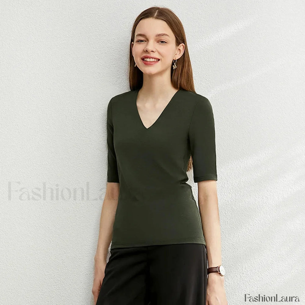 Modal Slim V Neck T Shirt blackish green / S