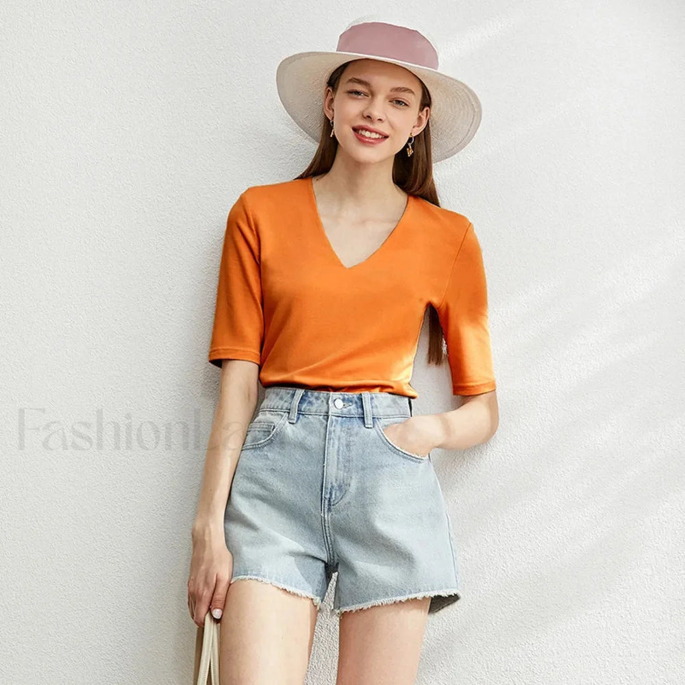 Modal Slim V Neck T Shirt vibrant Orange / S