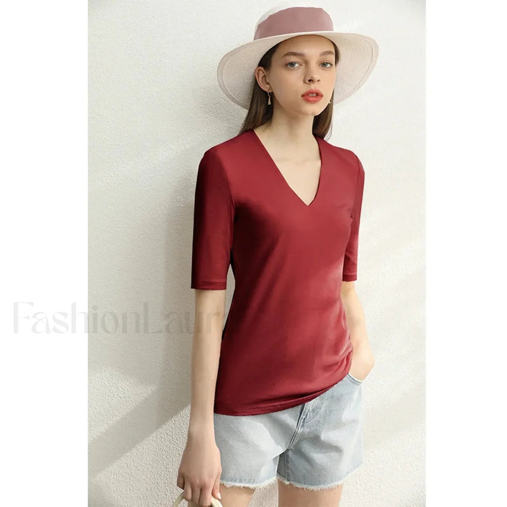 Modal Slim V Neck T Shirt wine red / S