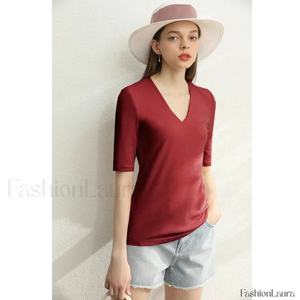 Modal Slim V Neck T Shirt wine red / S