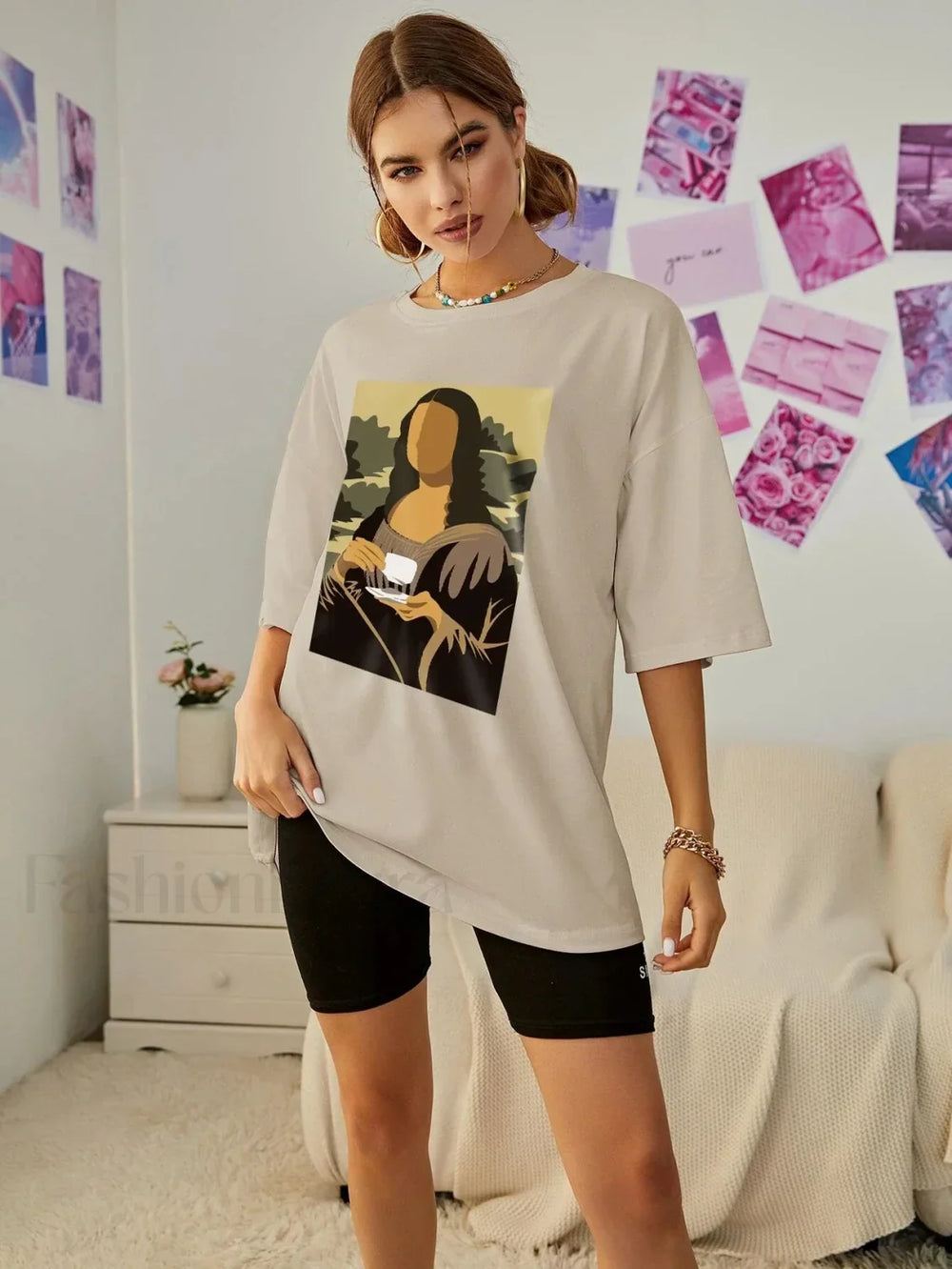 Mona Lisa Drinking Coffee Casual Hip Hop T Shirt