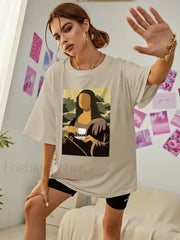 Mona Lisa Drinking Coffee Casual Hip Hop T Shirt Khaki / S