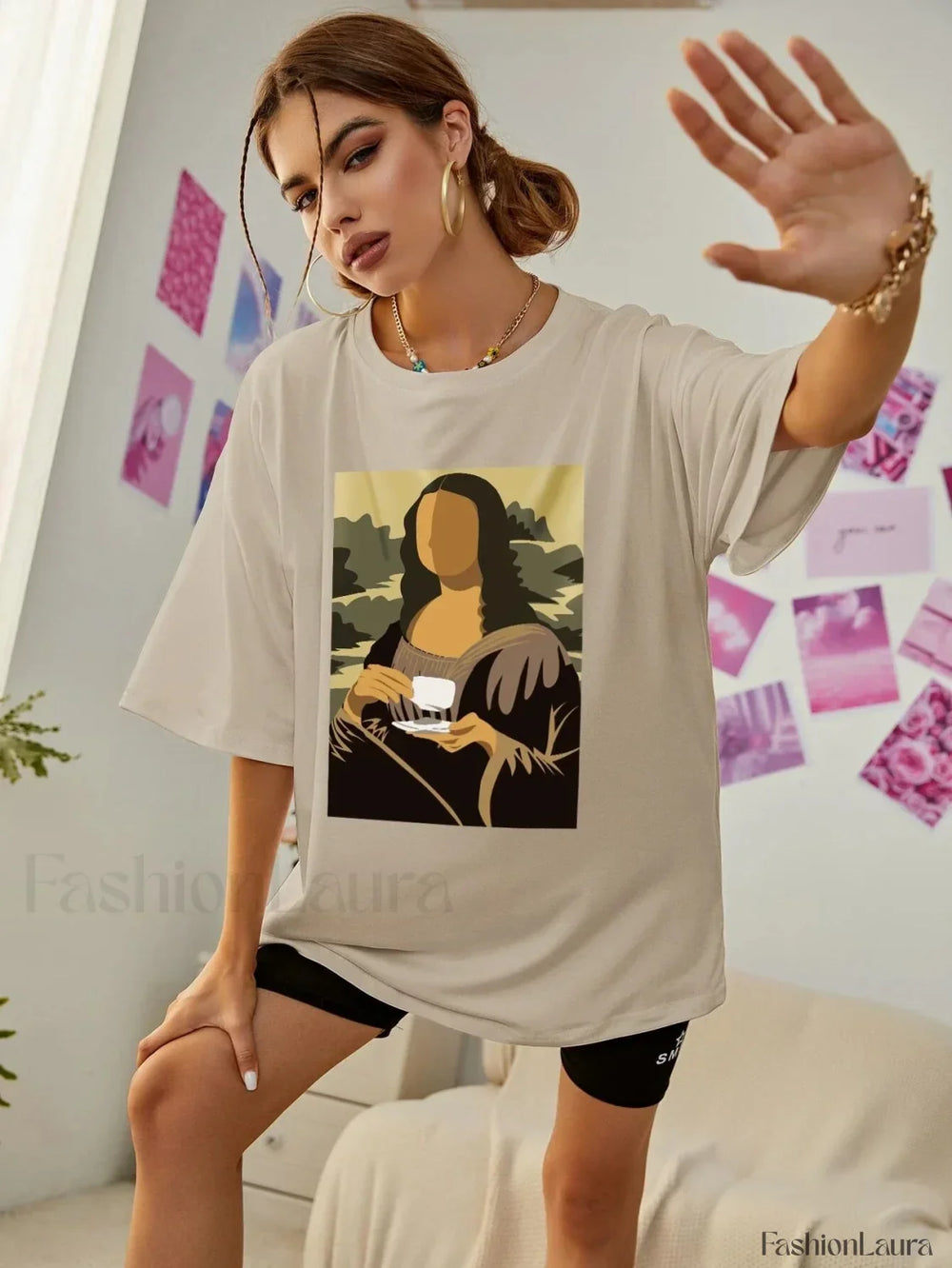 Mona Lisa Drinking Coffee Casual Hip Hop T Shirt Khaki / S