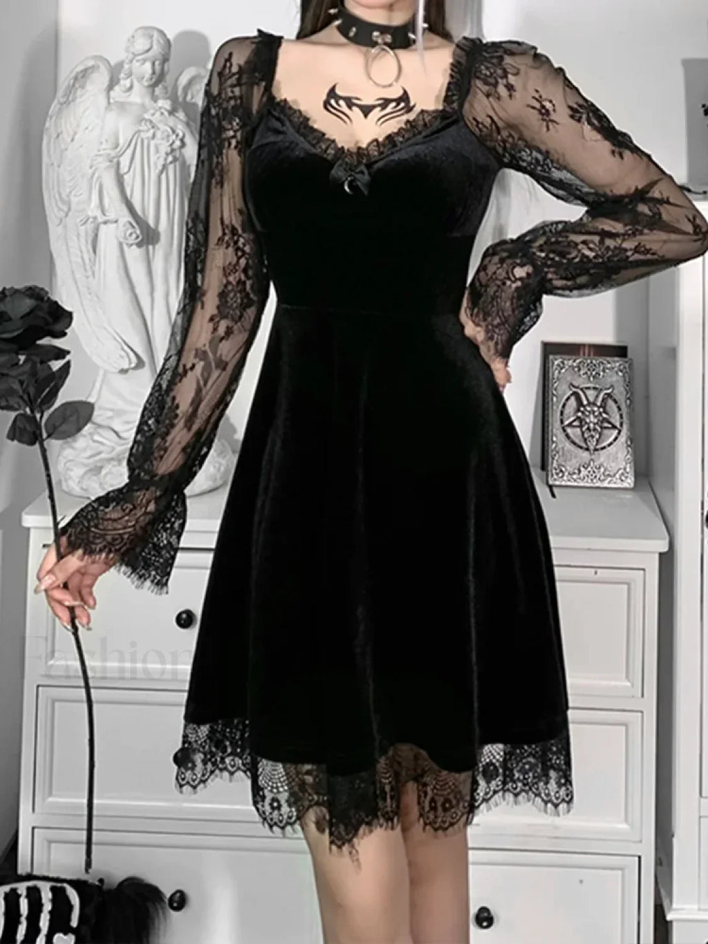 Moon Sexy Black Grunge Dark Neck Aesthetic Vintage Mini Long Sleeve Autumn Dress