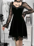 Moon Sexy Black Grunge Dark Neck Aesthetic Vintage Mini Long Sleeve Autumn Dress