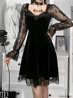 Moon Sexy Black Grunge Dark Neck Aesthetic Vintage Mini Long Sleeve Autumn Dress