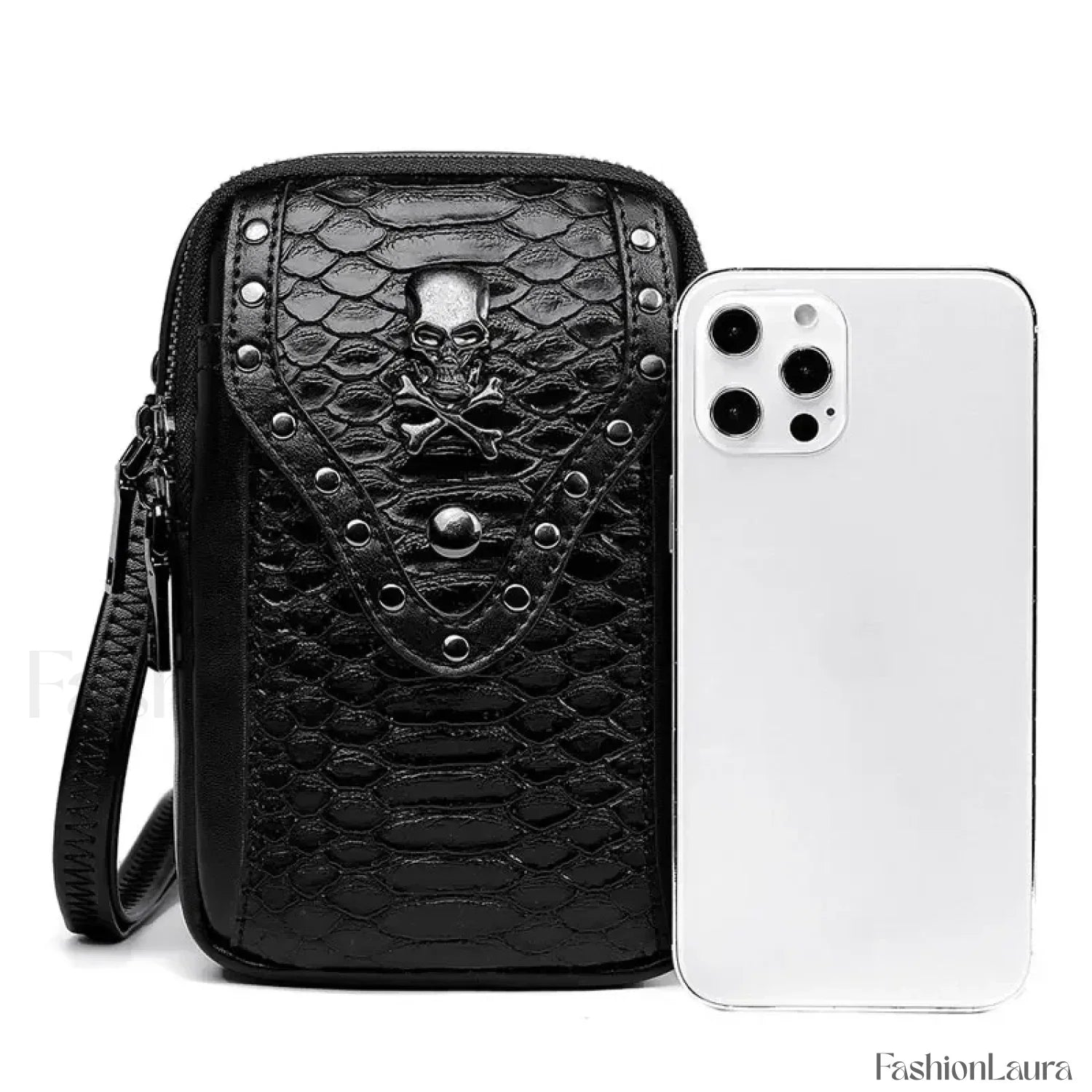Motorcycle Skull Snake Pattern Ladies Punk Outdoor Travel Lipstick Mobile Phone Bag Black