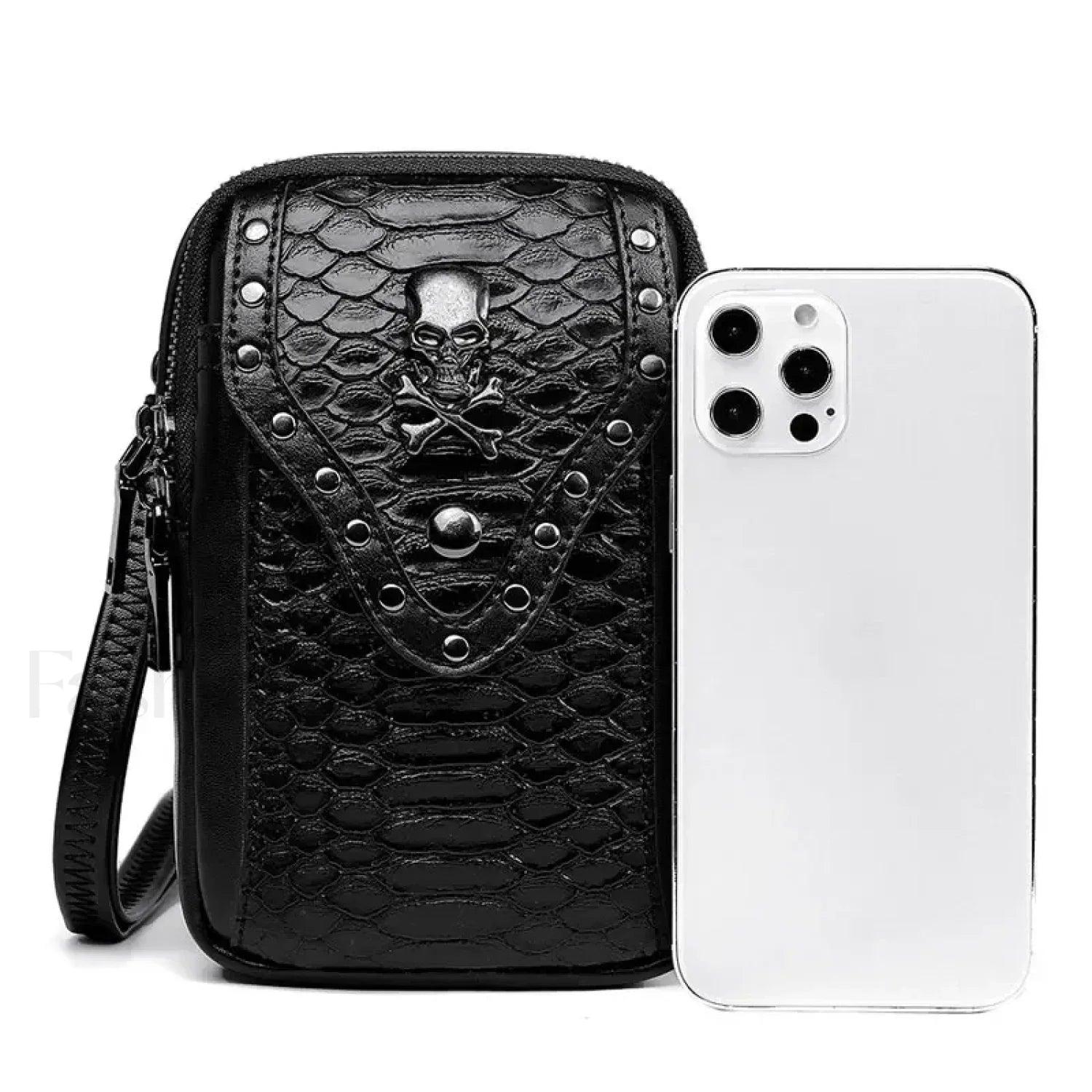 Motorcycle Skull Snake Pattern Ladies Punk Outdoor Travel Lipstick Mobile Phone Bag Black