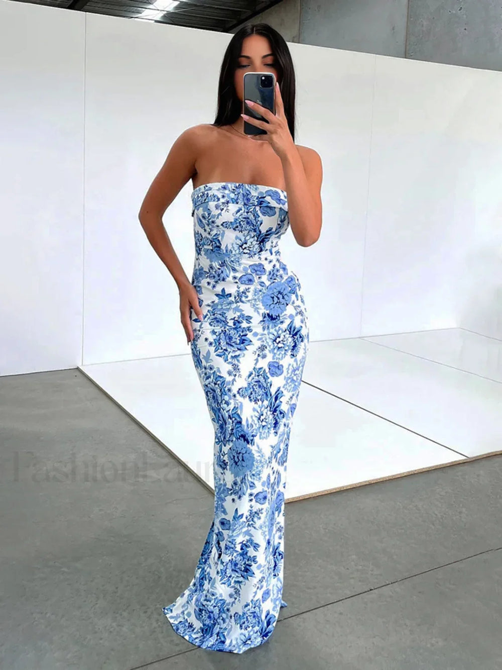 Multi Floral Graceful Split Long Dress Blue / XS Dresses