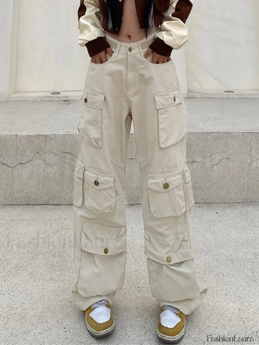 Multi Pockets Vintage Baggy Cargo Jeans Apricot / M Cargo Jeans