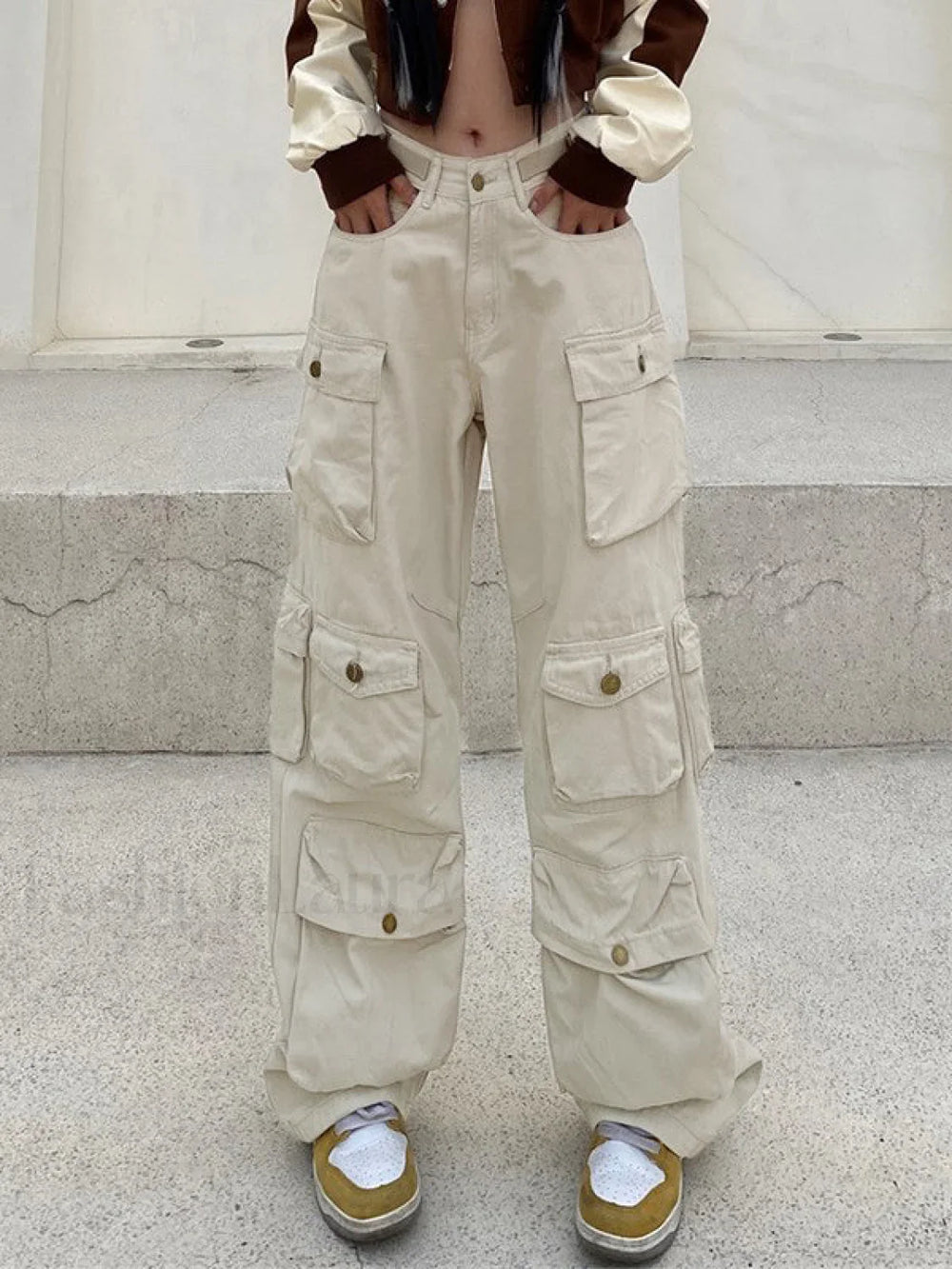 Multi Pockets Vintage Baggy Cargo Jeans Apricot / M Cargo Jeans