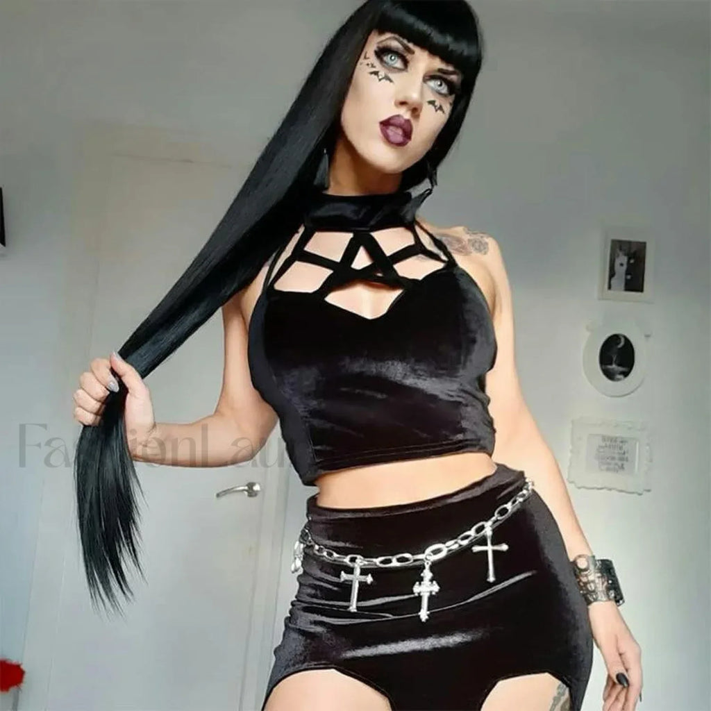 Mysterious Crop Cross Sexy Casual Out Summer Hollow Gothic Top