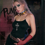 Mysterious Sexy Chain Black Cross Print Black Crop Black / S