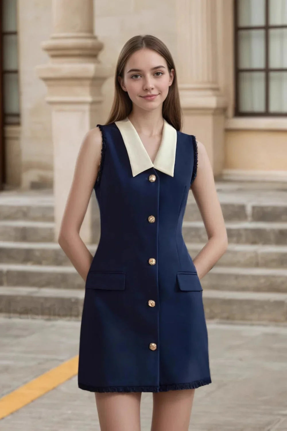 Navy Sleeveless Work Dress with White Collar and Gold Buttons Dark Blue / S