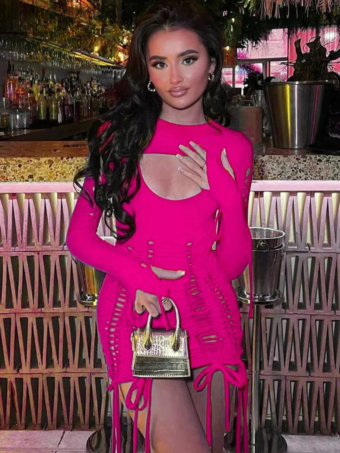 Neon Bandage Ruched Mini Dress Rose Red / S