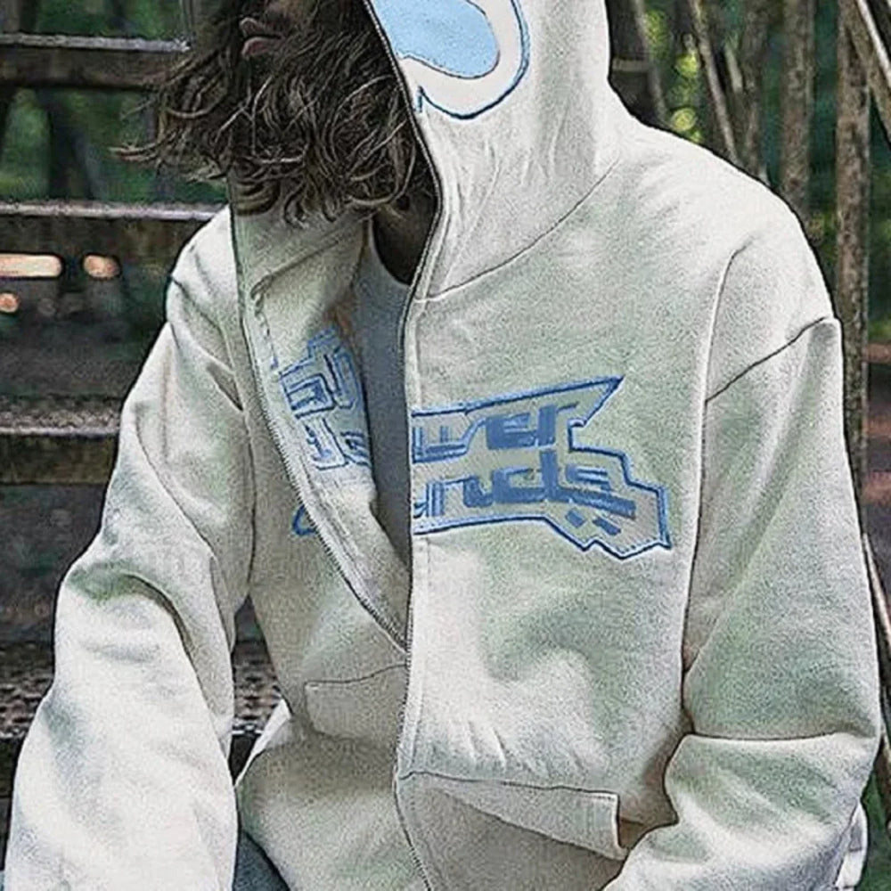 Neutral Casual Loose Oversized Flower Embroidery Zipper Hoody Sweatshirts & Hoodies L