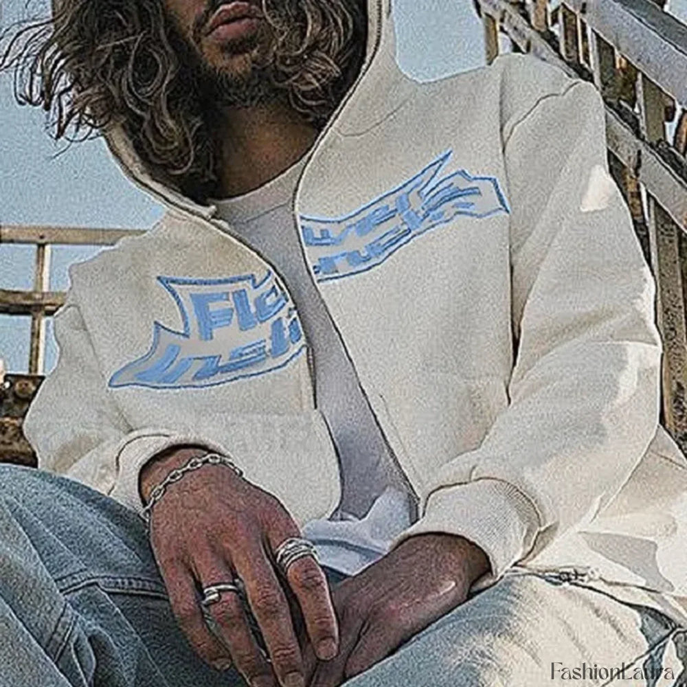 Neutral Casual Loose Oversized Flower Embroidery Zipper Hoody Sweatshirts & Hoodies L