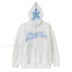 Neutral Casual Loose Oversized Flower Embroidery Zipper Hoody White / S Sweatshirts & Hoodies L
