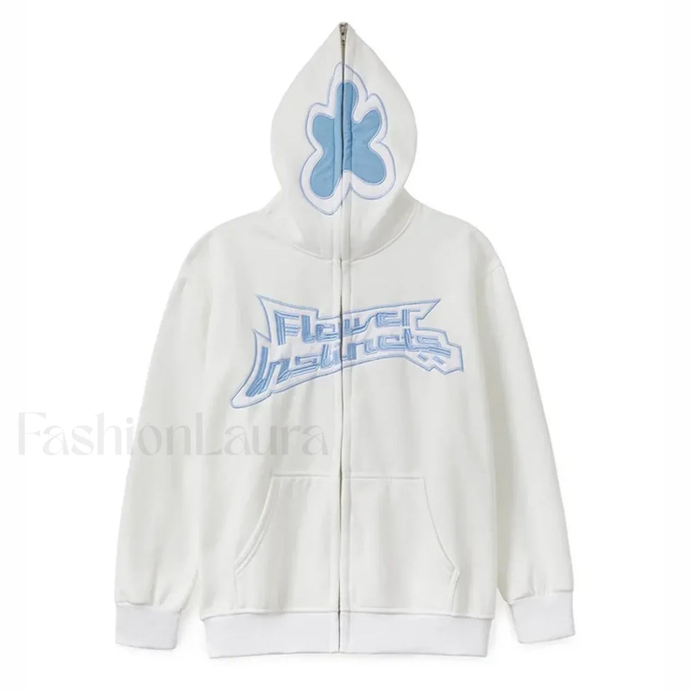 Neutral Casual Loose Oversized Flower Embroidery Zipper Hoody White / S Sweatshirts & Hoodies L
