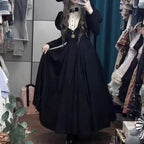 New Winter Black Lolita Dark Cinched Sleeve Waist Punk Gothic Harajuku Autumn Bubble Vintage Long Dress Black / S