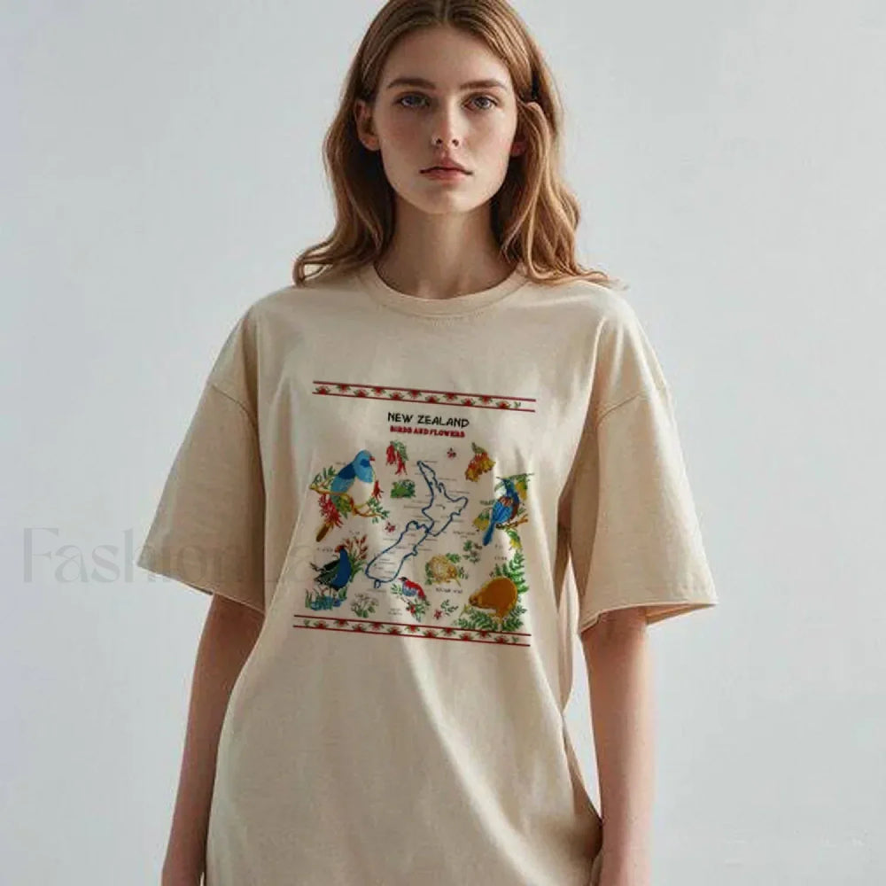 New Zealand Cartoon Summer Loose Casual T Shirt Beige / M
