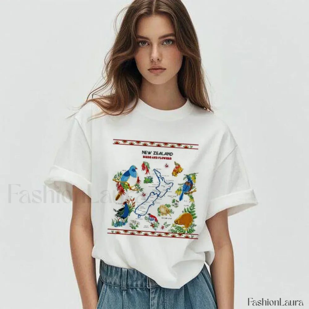 New Zealand Cartoon Summer Loose Casual T Shirt WHITE / M