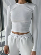 O Neck Long Sleeve Ribbed Cropped T shirt